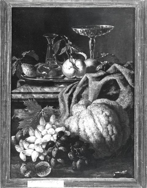 Sotheby's — Pfeiler Maximilian (?) - sec. XVII/ XVIII - Natura morta con uva, zucca, fichi, panno e alzata con vetri e frutta — insieme